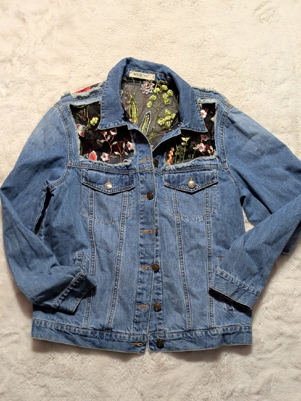 Mebon Floral-Panel Light Blue Denim Jacket